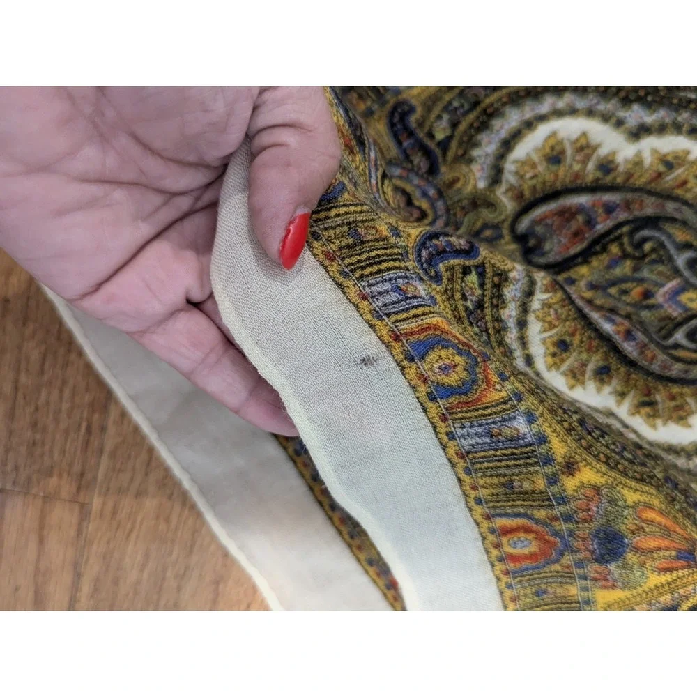 Vintage Paisley Wool Cashmere Hand Print Scarf 22x25 Boho Cottagecore